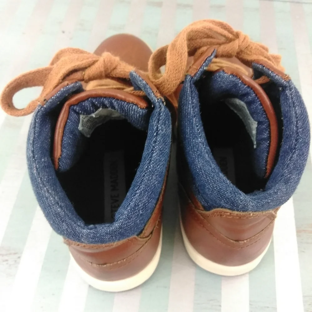 Steve Madden Brown Leather Denim Trim Boots Kids Casual Mountain Outdoor Shoes